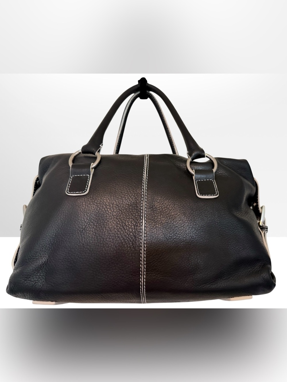 NWT Black and White Stitched Contrast Leather Handbag with Silver Hardware - Picture 2 of 5